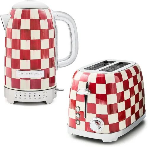MACKENZIE-CHILDS Paquete de hervidor eléctrico de acero inoxidable con tostadora de 2 rebanadas de acero inoxidable, cuadros de cereza roja y blanca