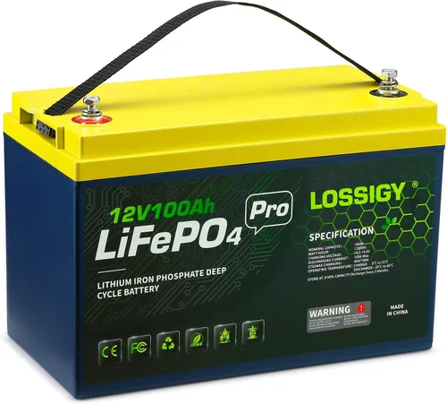 LOSSIGY Batería de litio de 12 V LiFePO4, de 12 voltios y 100 Ah para motor de arrastre, perfecta para sistema solar, RV, marino, 1280 Wh con BMS