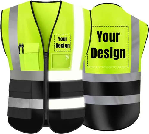Chaleco de seguridad de alta visibilidad con tiras reflectantes, personaliza tu logotipo Hi Vis, chaleco de trabajo para exteriores con 5 bolsillos