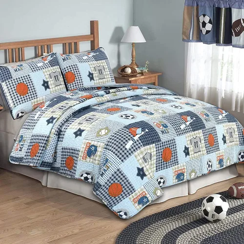 Miniatura 7 de Cozy Line Home Fashions Juego de ropa de cama acolchada reversible para niño de 100% algodón a rayas azul marino, colcha cubrecama para todas