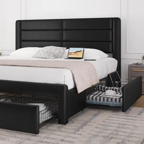 Miniatura 3 de Yaheetech Marco de cama tamaño completo con 2 estaciones de carga USB/puerto para tipo A y tipo C/3 cajones de almacenamiento, cama plataforma