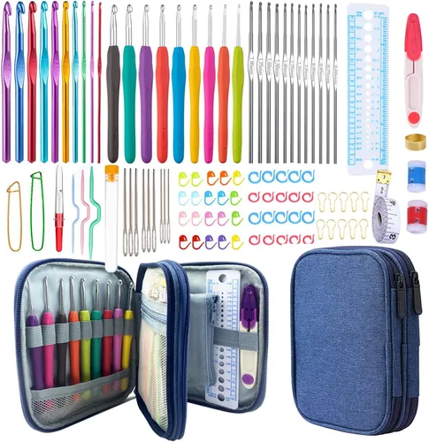 Weabetfu Juego de 102 ganchos de ganchillo con estuche, agujas ergonómicas de ganchillo para manos artríticas y accesorios de ganchillo, juego