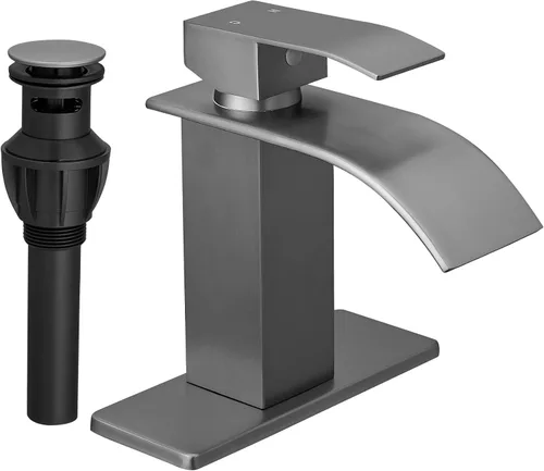 Miniatura 17 de Fransiton Grifo de baño de cascada de níquel cepillado, grifo de lavabo de una sola manija de 1 o 3 agujeros, grifo de lavabo con cubierta y drenaje