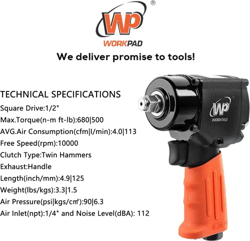 Miniatura 5 de WORKPAD - Mini llave de impacto neumática de 1/2 pulgada con martillos gemelos, herramientas neumáticas 1116