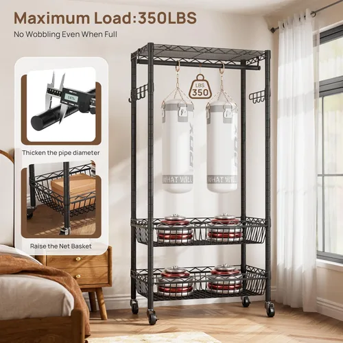 Miniatura 5 de Golpart Perchero de Ropa Resistente con Ruedas, Perchero Rodante para Prendas, Estanterías de Alambre Ajustables para Colgar Ropa con Colgador