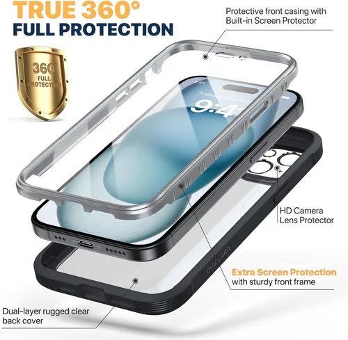 Miniatura 2 de Diaclara - Funda diseñada para iPhone 15 Plus de 6.7 pulgadas, funda transparente de cuerpo completo con protector de pantalla, funda resistente