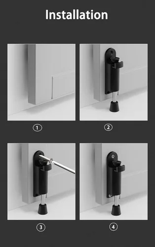 Miniatura 8 de Tope de puerta Kickdown, paquete de 2 topes de puerta fáciles de escalonar, con resorte, telescópico, para poner y quitar, de goma, ajustable, Negro
