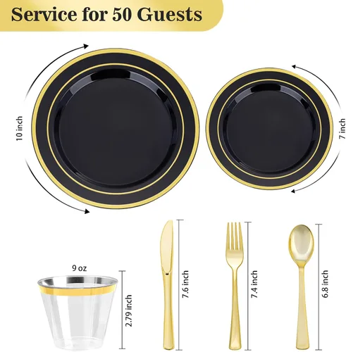 Miniatura 2 de BESTVIP Juego de vajilla de 300 piezas de oro negro para 50 invitados, platos de plástico para fiesta de Halloween y Navidad, 50 platos desechables