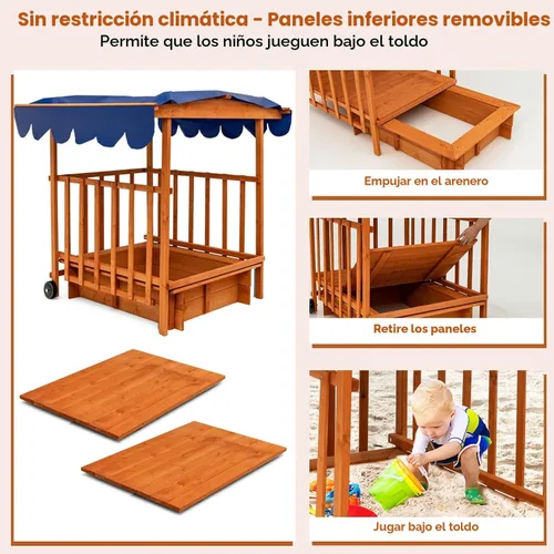 Miniatura 4 de Costzon Caja de Arena Retráctil para Niños con Toldo, Casa de Juegos Cabaña de Madera de Cedro con Área de Juego Grande, Ruedas Traseras