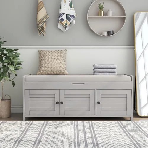 Miniatura 16 de SOFTSEA Banco de Almacenamiento Tapizado, Otomana de Almacenamiento con Cesta Removible y 2 Cajones, Banco de Zapatos de Estilo Granja con Cojín