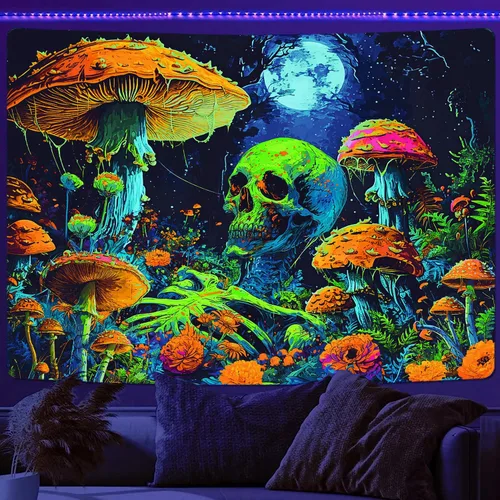 Miniatura 8 de Tapiz de calavera con luz negra, arte de pared de esqueleto reactivo a los rayos UV para dormitorio, pósteres de luz negra para adultos, tapiz