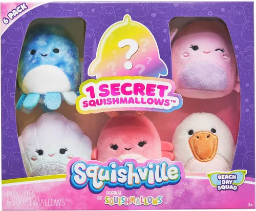 Squishville by Original Squishmallows Escuadrón del Día de Playa Peluche - Seis Peluches Squishmallows de 2 Pulgadas Incluyendo Mauricio, Deniz,