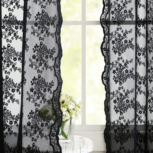 Miniatura 3 de YJ YANJUN Cortinas traslúcidas negras de 54 pulgadas de largo, panel de cortina de encaje gótico victoriano para cocina, cortinas cortas de Negro
