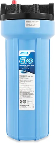 Camco Filtro de agua Evo RV – Cuenta con carbón activado granulado para control de bacterias y un cartucho de filtro de polipropileno hilado de alta