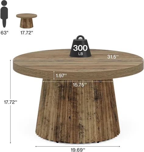 Miniatura 2 de Tribesigns - Mesa de café, mesa de café redonda pequeña de 31.5" de estilo granja con base de tambor estriada, mesa central de acento boho moderna