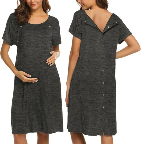 Ekouaer - Camisón con botones y manga corta para mujer, vestido para lactancia, parto, hospital y maternidad, tallas S-XXL
