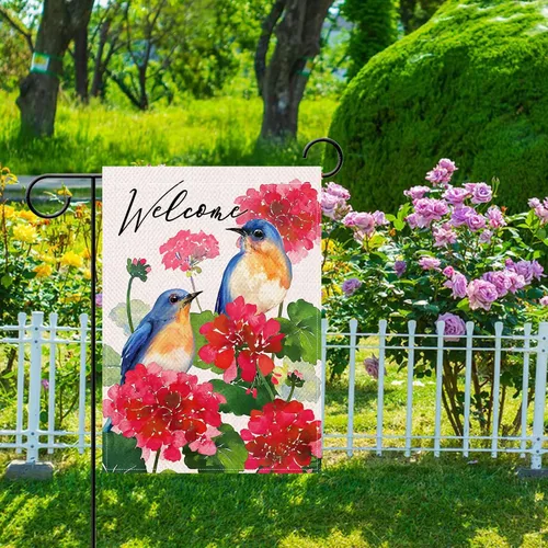 Miniatura 5 de Artofy Bandera decorativa pequeña de jardín con flores de geranio para primavera y verano, decoración exterior de arpillera de temporada, decoración