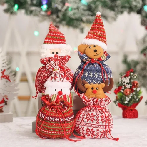 Miniatura 2 de FIJROP Bolsas de regalo de muñeca de punto de Navidad, bolsas de Navidad con cordón de punto reutilizables, diseño de punto 3D para regalos