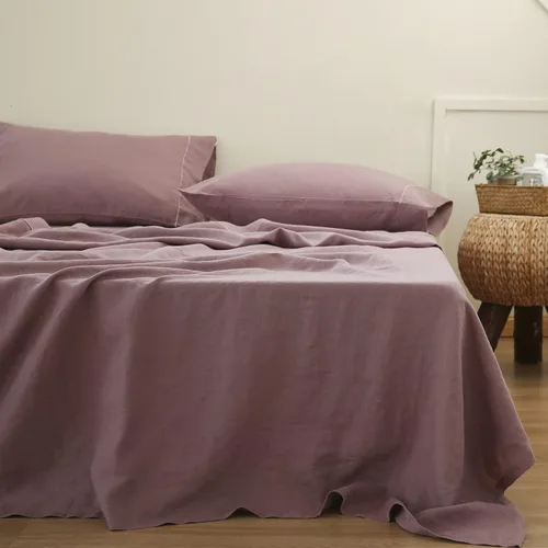 Miniatura 4 de Simple&Opulence Sábana bajera ajustable 100% lino tamaño matrimonial (1 pieza), funda de colchón de 14 pulgadas de profundidad de lino francés Morado