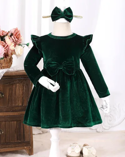 Miniatura 3 de Kucnuzki Vestido de terciopelo para niña pequeña, vestido de terciopelo sólido para niña, vestido de princesa casual para fiesta de otoño