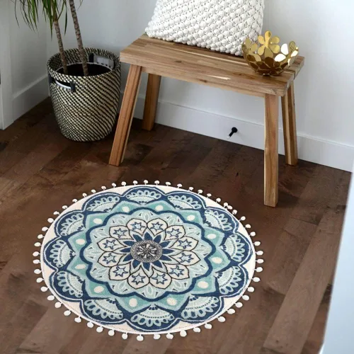 Miniatura 5 de Uphome Alfombra redonda pequeña de 2.3 pies, color azul, bohemia, con flecos de pompones, antideslizante, lavable, tapete de baño circular de Negro