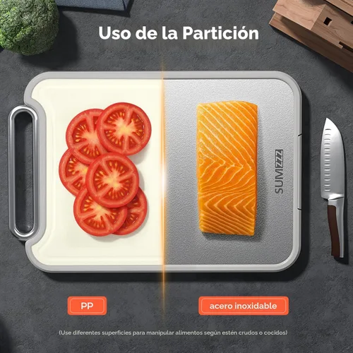 Miniatura 6 de Sumzzz Tabla de cortar de acero inoxidable para cocina, tabla de cortar 2 en 1 de doble cara, apta para lavavajillas, acero inoxidable de grado