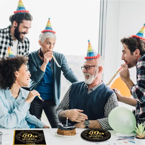 Miniatura 6 de 40 piezas Decoraciones de 50 cumpleaños Juego de mantelería para fiesta de 50 cumpleaños Incluye platos y servilletas de 50 cumpleaños en negro