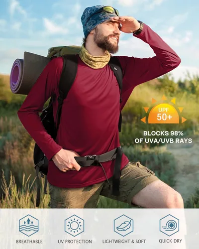 Miniatura 3 de Roadbox Camisas de Protección Solar UV UPF 50+ para Hombres Manga Larga SPF Rash Guard para Pesca Senderismo Natación Correr Paquete de 1 - rojo