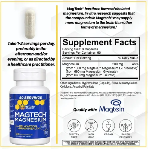 Miniatura 4 de MagTech Suplemento de Magnesio - 3 Formas de Magnesio: Magtein L-Threonate, Glicinato y Taurato - Complejo de Magnesio Quelatado de 200mg - Apoya