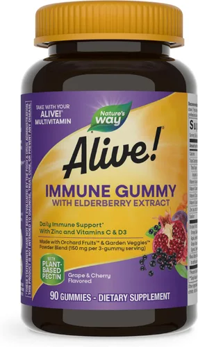Nature's Way ¡Alive! Gomitas de apoyo inmunológico* con extracto de saúco, vitaminas C y D3, zinc, sin gluten, sabor a uva y cereza, 90 gomitas