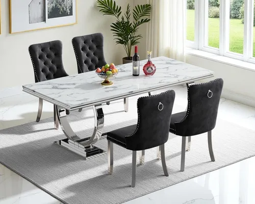 Miniatura 30 de Moderno juego de mesa de comedor de mármol sintético de 68.11 pulgadas para 6, mesa de comedor de mármol blanco y plateado con 6 sillas de Blanco