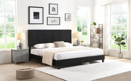 Miniatura 3 de Base de cama tamaño King, moderna cama tapizada con cabecero, base de cama pesada con soporte de listones de madera, fácil montaje, no necesita