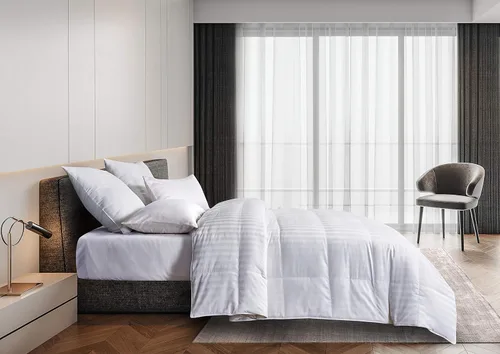 Blue Ridge Home Fashions Edredón de plumas de ganso con patrón de rayas blancas de 350 hilos, relleno hipoalergénico, cálido para todas las