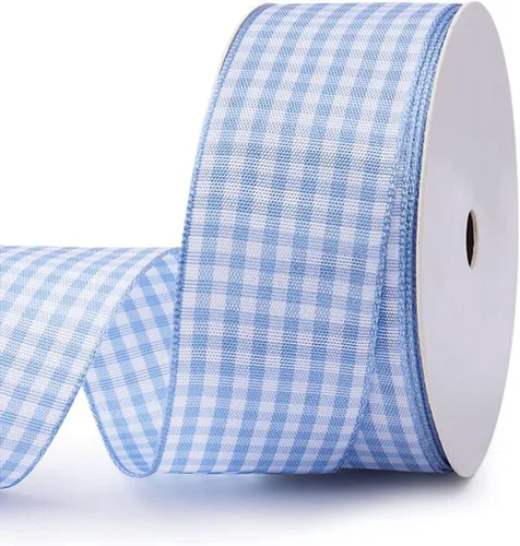 VIVIQUEN Cinta de cuadros azul claro, 1-1/2 pulgadas, cinta de cuadros de tafetán a cuadros, cinta de picnic 100% poliéster para coser, regalo,