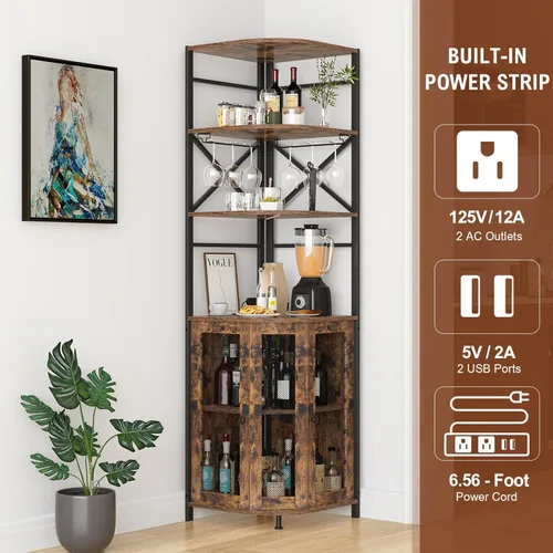 Miniatura 4 de Gabinete de bar de vino con toma de corriente, gabinete industrial de vino de 6 niveles con luz LED y soporte para vidrio, gabinete de vino