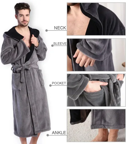 Miniatura 4 de KEMUSI Bata de baño de longitud completa suave con capucha para hombre, cómodo camisón cálido de longitud completa