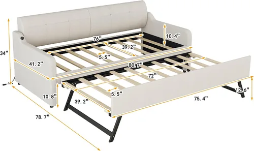 Miniatura 2 de MERITLINE Sofá cama de tapicería de tamaño individual con nido y diseño de carga USB, nido puede ser plano o erigido, sofá cama con tablas,