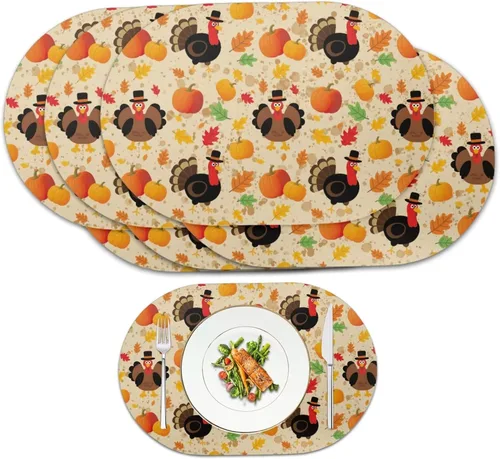 Miniatura 25 de Non Slip Placemats Set of 6 Pumpkin Mushroom Theme Waterproof Wipeable Faux Leather for Thanksgiving Family Feast Heat Resistant Dining Table Mats