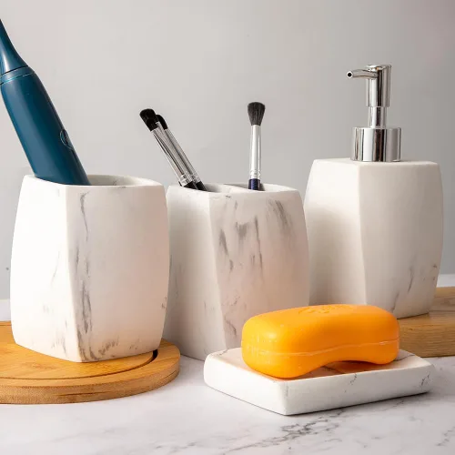 Miniatura 7 de Juego de accesorios de baño, organizador de baño de 4 piezas con vaso de cepillo de dientes, dispensador de jabón, jabonera, vaso, kits de resina