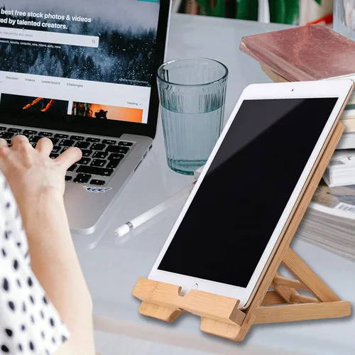 Miniatura 7 de Soporte para tableta de bambú Soporte ajustable plegable de madera para iPad con orificio cargable para escritorio iPad Soporte de cocina