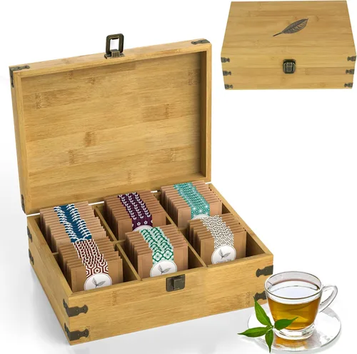 Miniatura 10 de Caja Organizadora de Té de Bambú Libre de Químicos Ecológica Grande, Alta, Compartimentos Ajustables Cofre de Almacenamiento de Madera Natural