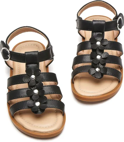 DADAWEN Sandalias para niñas con punta abierta, lindas flores suaves, sandalias de vestir con tiras para verano, para niños pequeños, niños grandes
