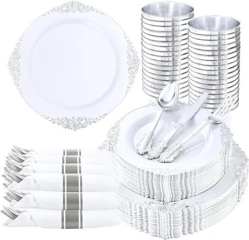 Miniatura 16 de Nervure 350 platos de plástico dorados, juegos de vajilla de plástico dorado para 50 invitados, 100 platos desechables, 150 cubiertos, 50 tazas, 50