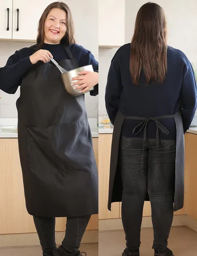 Miniatura 5 de Delantales de algodón y lino para hornear, talla grande, para mujer, con bolsillos, cocina Negro