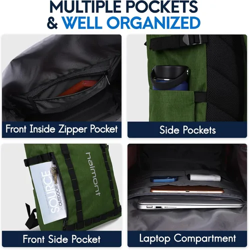 Miniatura 3 de Mochila con parte superior enrollable Haimont para hombres, mochila casual para portátil con 9 bolsillos para viajes, trabajo, caminatas, Verde
