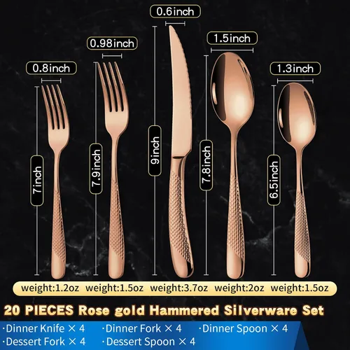 Miniatura 3 de Lemeya Juego de cubiertos martillados de oro rosa martillado de 20 piezas para 4 con cuchillos de forja dentados, juego de cubiertos moderno