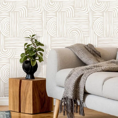 Papel tapiz estético beige para despegar y pegar, mural geométrico autoadhesivo extraíble, líneas bohemias de mediados de siglo (1 rollo de 24