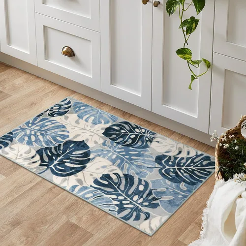 Miniatura 7 de Wonnitar Leaf - Alfombra de cocina de 2x3 pies, alfombra azul pequeña para baño, alfombra decorativa lavable para mesita de noche, planta