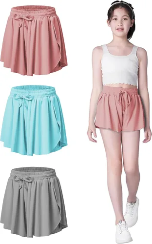 Pantalones cortos fluidos con diseño de mariposa para niñas, pantalones cortos deportivos para niños pequeños y jóvenes con forro 2 en 1 para