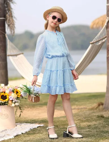 Miniatura 7 de DONWEN Vestido de punto suizo para niña, manga larga, vestido de gasa fluido, vestido de primavera y verano, con lazo frontal, vestidos casuales